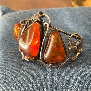 Handmade Vintage 60s 70s Baltic Amber 3 Stone Sterling Silvef Cuff Bracelet